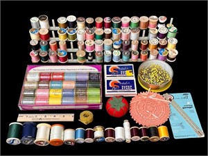 Thread Spools w/ Rack / Holders & Sewing Gauge