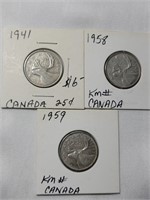 1941 , 1958 & 1959 Canadian Silver Quarters