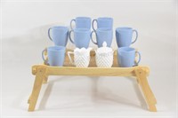 Folding Pine Stand, Coffee Mugs & Milk Glass Set