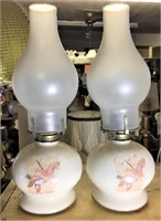 Pair of White Glass Oil Lamps with Duck