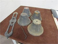 4 Cast Iron Bells Parts, 1 Clapper 1 Wall Mount