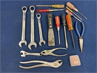 Assorted Wrenches, screwdrivers, pliers and more