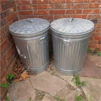 Pair of Galvanized Metal Trash Cans with Lids