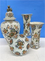 Delft Lidded Urn, Dish & 2 Vases