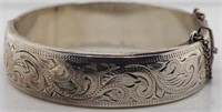 Engraved silver cuff bangle