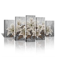 5 Panels Retro White Lily Floral Canvas Wall Art P
