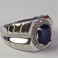 $400 Silver Rhodium Plated Sapphire(3ct) Men'S Rin