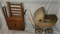 Vintage Crib, Vintage Metal & Wicker Carriage