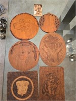 7 pcs of Carved & Burned Wood Pyrography Decor