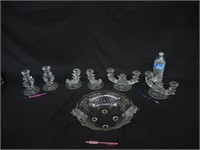 NICE GLASS CANDLE STICK HOLDERS & BOWL W/ DESIGNS