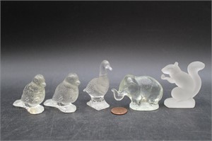 5 Mini-Glass Birds,Elephant,Squirrel Figurines