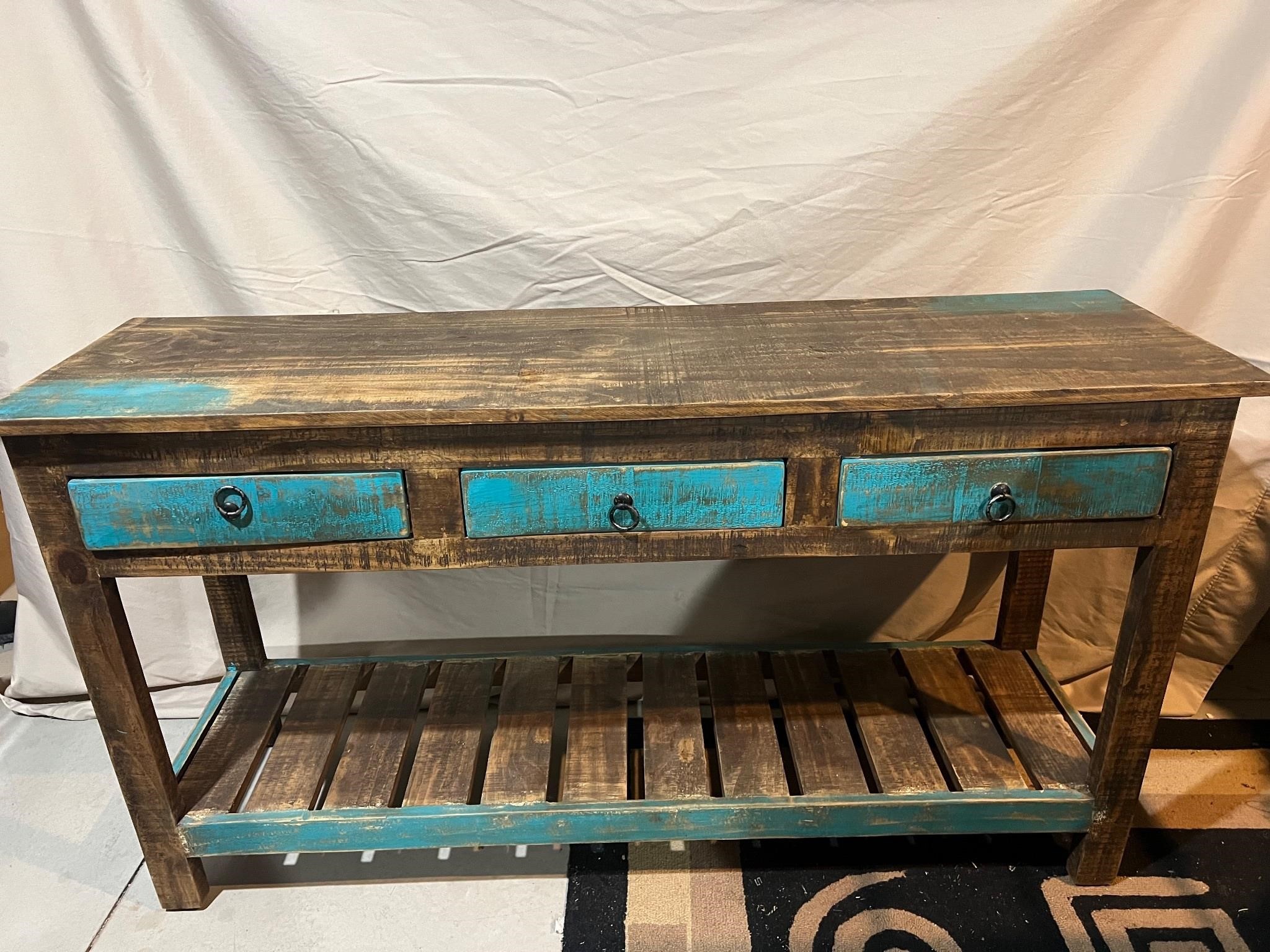 RUSTIC WOOD CONSOLE TABLE W/ CONTENTS