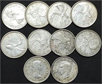 10 Canadian Silver Quarters George VI & Elizabeth