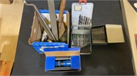 Tools - two metal containers with drill bits, box