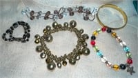 (5) Misc Fashion Bracelets:  Gold Tone Bead,