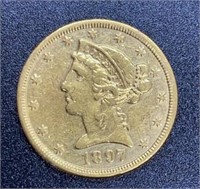 1897 Liberty Head Variety 2 $5 Gold Coin