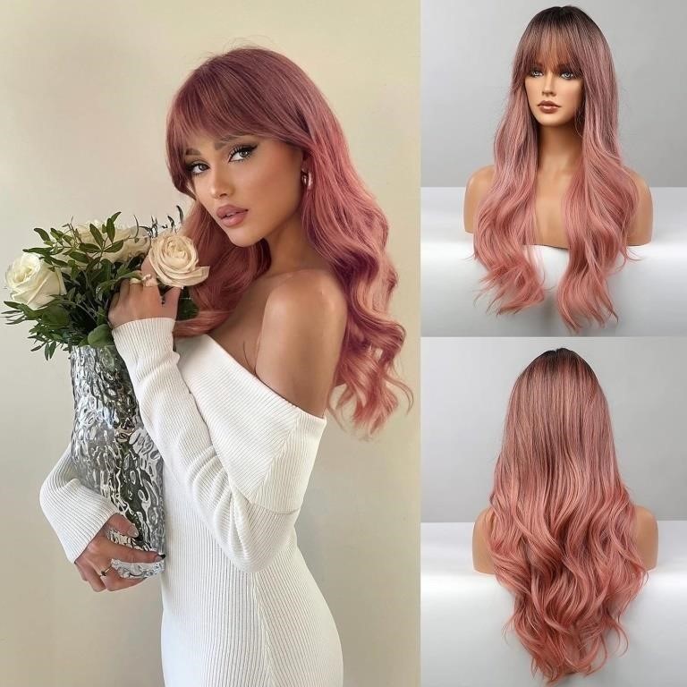 Honygebia Pink Wigs with Bangs - Long Ombre Pink W