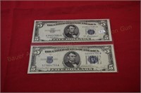(2) Five Dollar Silver Cert. Notes 1934,1953 nice