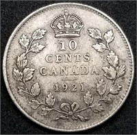 1921 Canada Silver 10 Cents George V Dime