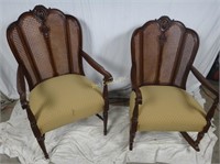 2 Antique Cane Folded Back Carved Wood Chairs