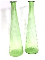 16" H Green Glass Vase Pair Mid-Century