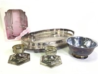 Silver Plate Bowl Tray Champaign Flutes +