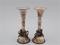 Pair Enamel.Silver Vases.Cherubs.