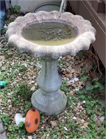 Concrete birdbath and mushroom (by back porch)