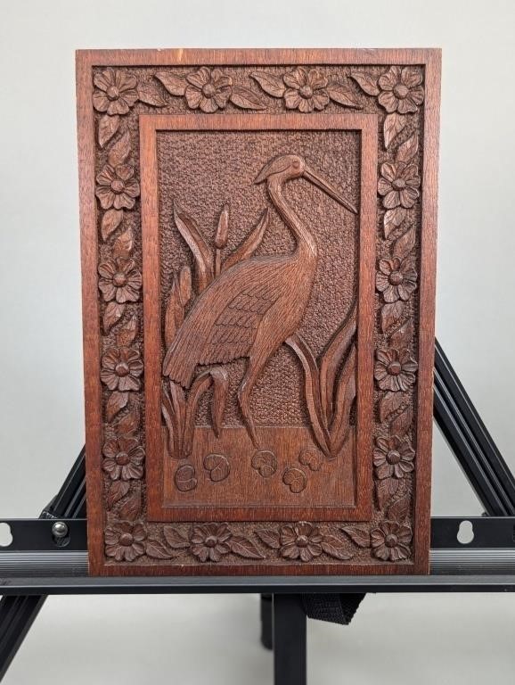 Carved Wooden Plaque with Heron