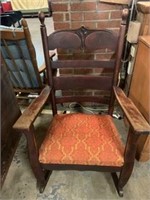 Vintage Wooden Frame Rocker w/ Orange Seat Cushion