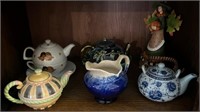 J - LOT OF COLLECTIBLE TEAPOTS, PITCHER & FIGURINE