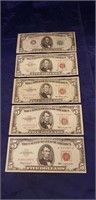 (5) Vintage Five Dollar Bills