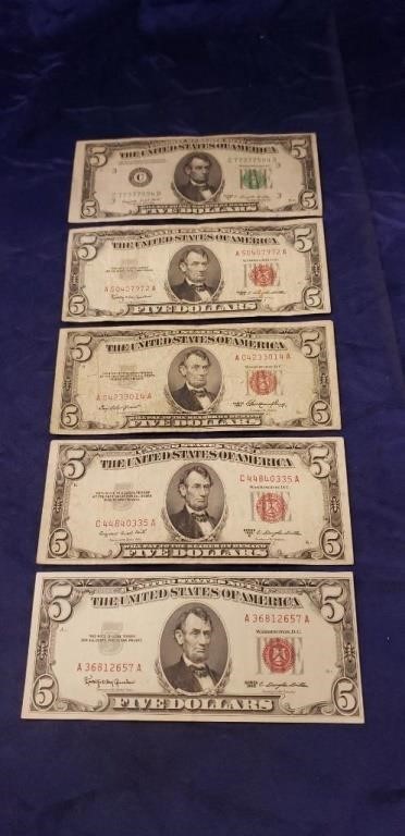 (5) Vintage Five Dollar Bills