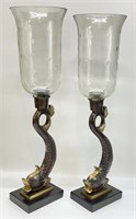 Pair Tall Brass Fish Candlesticks