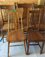 5 Side Chairs. Oak Pressed Back Etc. In Three Bay