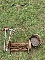 Vintage reel lawnmower, cast iron kettle, 2 pipe