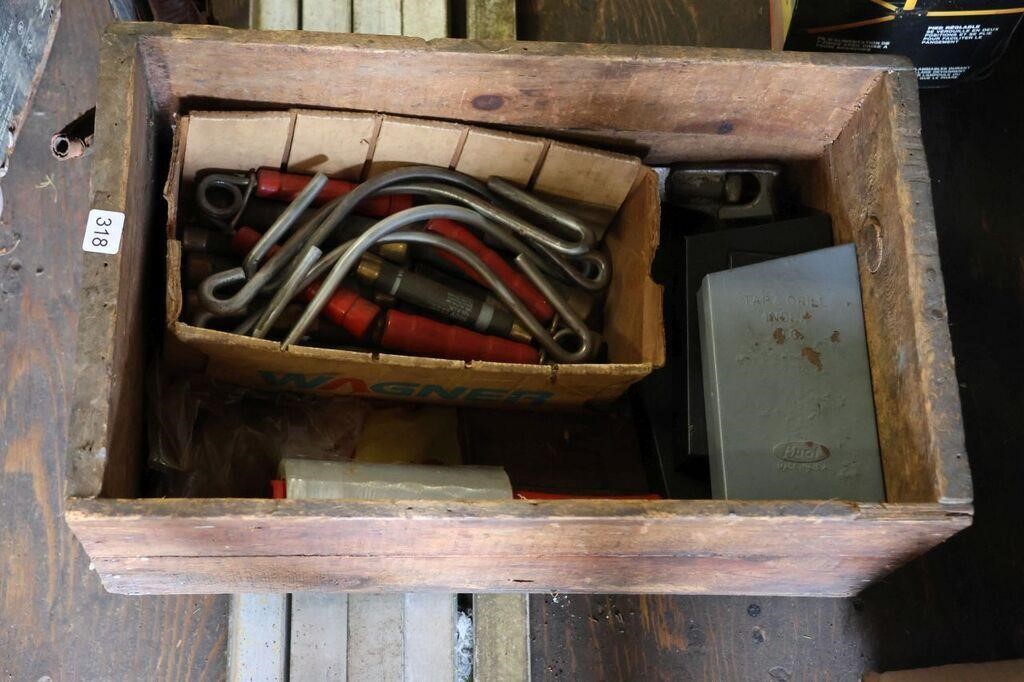 WOODEN CRATE OF FUSES, DRILL BITS, ETC.