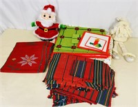 Table Linens Lot & 2 Santa Decorations