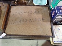 WOOD BOX MARKED "CHEMICAL GLASSWARE" 17x13x6