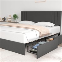 Molblly Queen Bed Frame  Dark Grey  4 Drawers