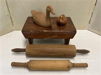 Small handmade stool, carved wooden ducks