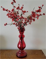 E - VINTAGE RED GLASS VASE W/ FAUX FLOWERS (L8)