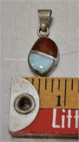 Stamped .925 pendant, Larimar & amber stones