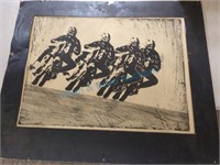 Unframed matted motorcycle wood block print