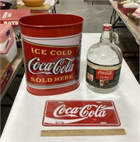 Coca-Cola glass jug- 1 gal w/ trash bin & l
