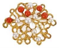 ESTATE 18KT YELLOW GOLD CORAL & PEARL BROOCH