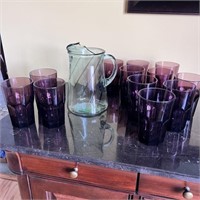 Green Pitcher, Purple Beverage Glasses