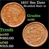 1857 Sm Date Braided Hair Large Cent 1c Grades AU,