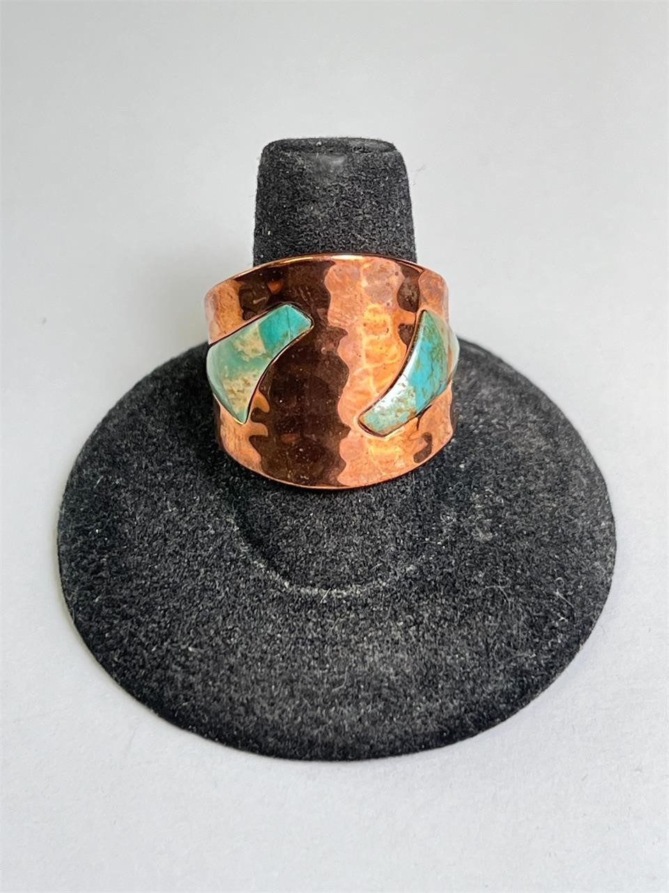 Signed Hammered Copper/Sterling Turquoise Ring