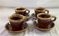 4 Hull oven proof brown drip tea cups and saucers